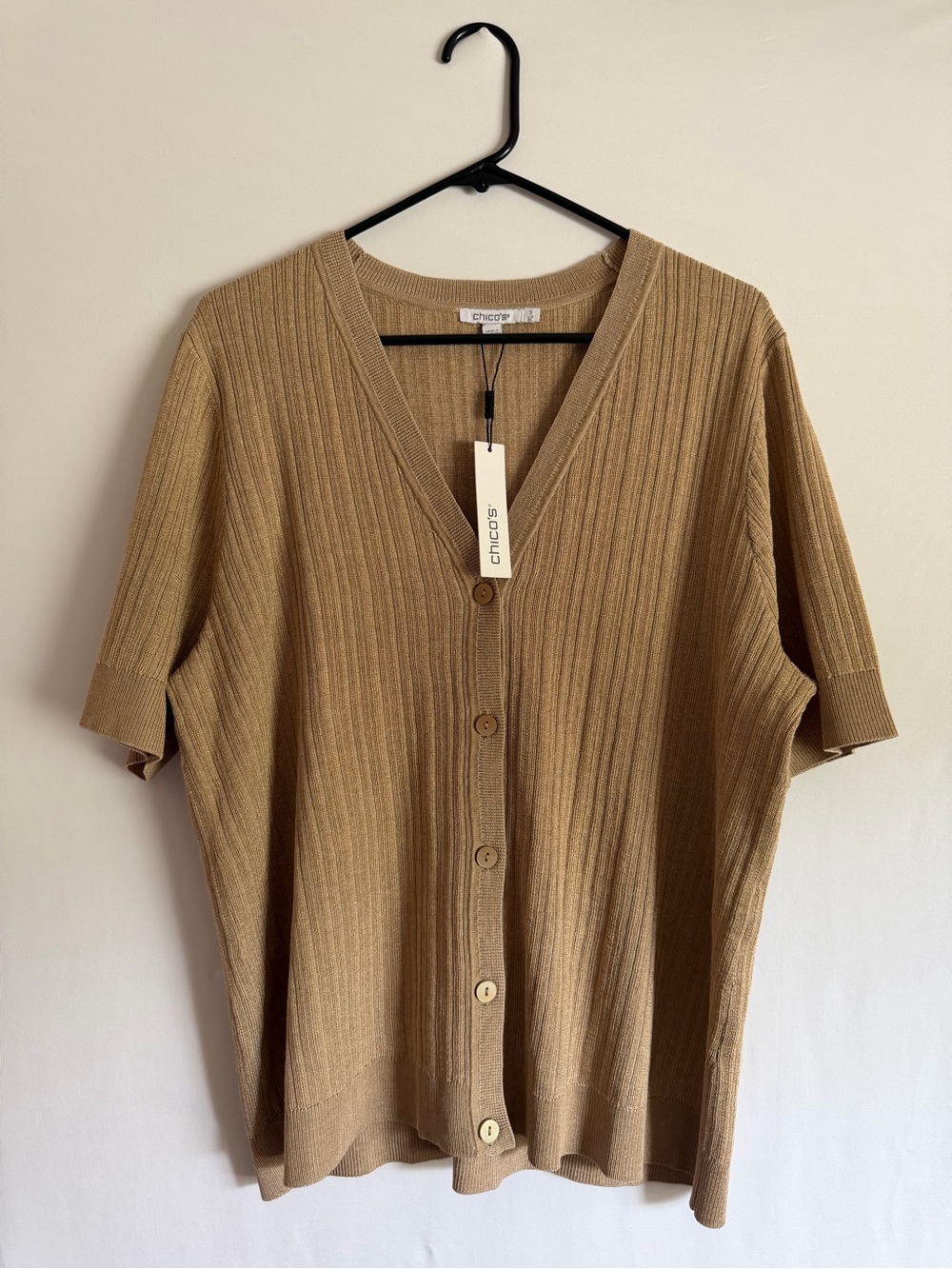 Chicos Short Sleeve Cardigan Sweater Size 3 US XL Tan Beige Shimmer